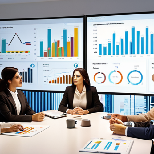 Home 11 **
A modern office scene with data visualizations projected on the walls. Diverse professionals are collaborating around a table, analyzing charts and graphs. The overall mood should be bright and optimistic, symbolizing the power of data-driven decision-making for business growth. Subtle Arabic design elements can be incorporated into the office decor.
**