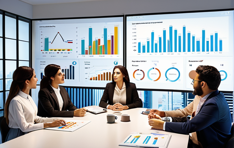 **
A modern office scene with data visualizations projected on the walls. Diverse professionals are collaborating around a table, analyzing charts and graphs. The overall mood should be bright and optimistic, symbolizing the power of data-driven decision-making for business growth. Subtle Arabic design elements can be incorporated into the office decor.
**