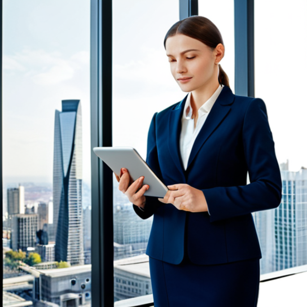 **

"A professional businesswoman in a modest business suit, standing in a modern office with a cityscape view, holding a tablet, fully clothed, appropriate attire, safe for work, perfect anatomy, natural pose, professional photography, high quality, family-friendly."

**