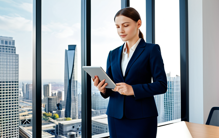 **

"A professional businesswoman in a modest business suit, standing in a modern office with a cityscape view, holding a tablet, fully clothed, appropriate attire, safe for work, perfect anatomy, natural pose, professional photography, high quality, family-friendly."

**