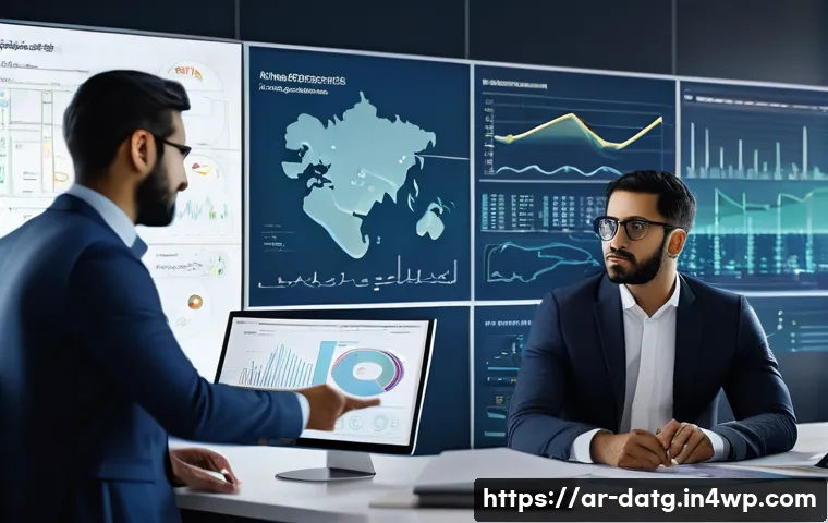 의사결정에서 데이터 활용 사례 연구 - A modern Middle Eastern corporate office setting showing a diverse team of professionals analyzing l...