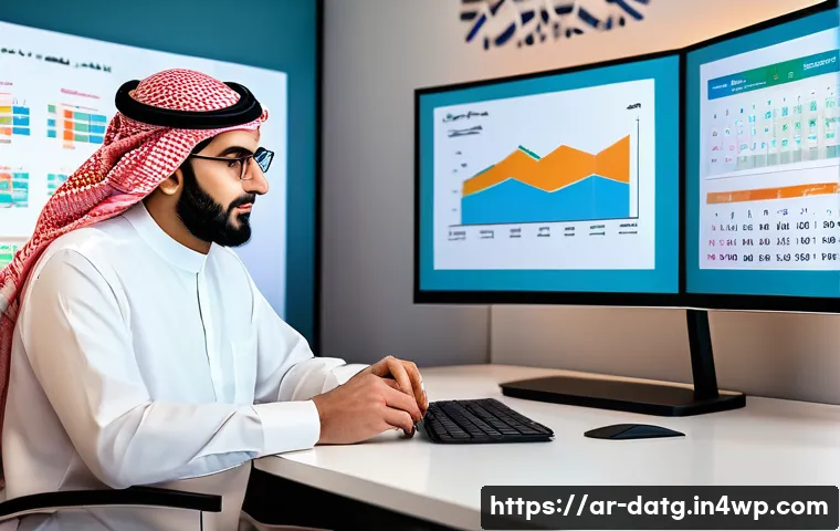 효과적인 데이터 분석 기법 소개 - A detailed professional workspace scene depicting a Middle Eastern data analyst using interactive da...