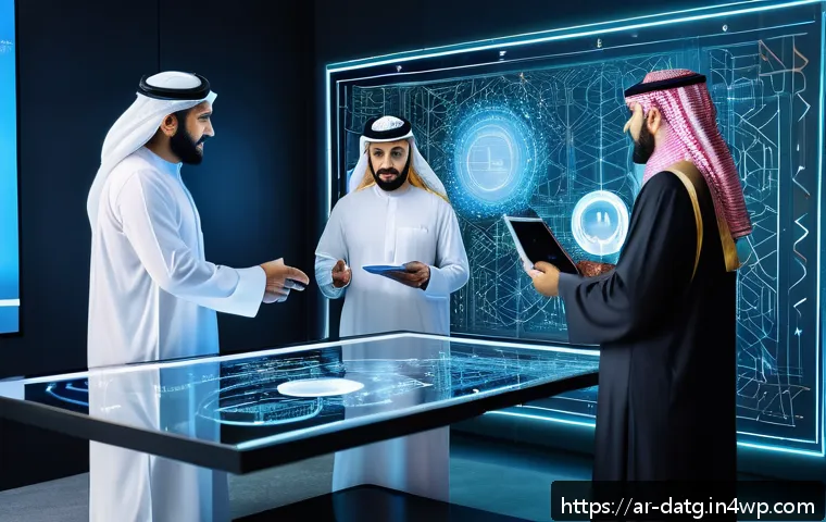 의사결정 지원 시스템의 필요성 - A futuristic office scene set in a modern Middle Eastern corporate environment, featuring diverse Ar...