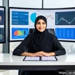 Home 22 데이터 분석의 도전과제 해결 방법 - A modern Middle Eastern business analyst, wearing modest professional attire, seated at a sleek desk...