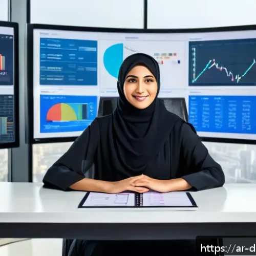 Home 16 데이터 분석의 도전과제 해결 방법 - A modern Middle Eastern business analyst, wearing modest professional attire, seated at a sleek desk...