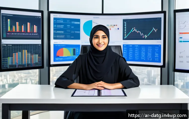 데이터 분석의 도전과제 해결 방법 - A modern Middle Eastern business analyst, wearing modest professional attire, seated at a sleek desk...